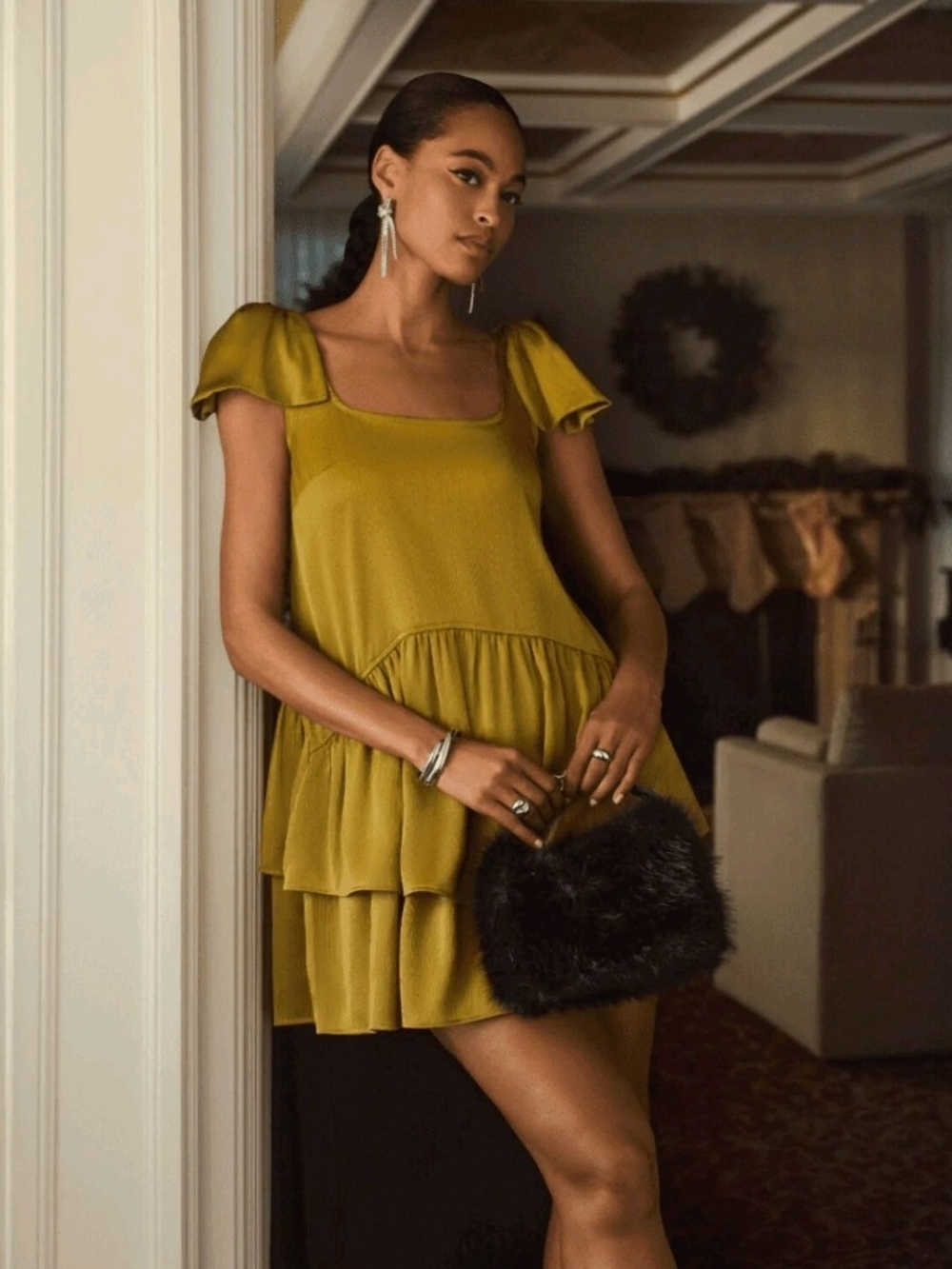 Scoop Olive Satin Shoulder Bow Mini Dress with Tiered Skirt- Size XS (0-2)